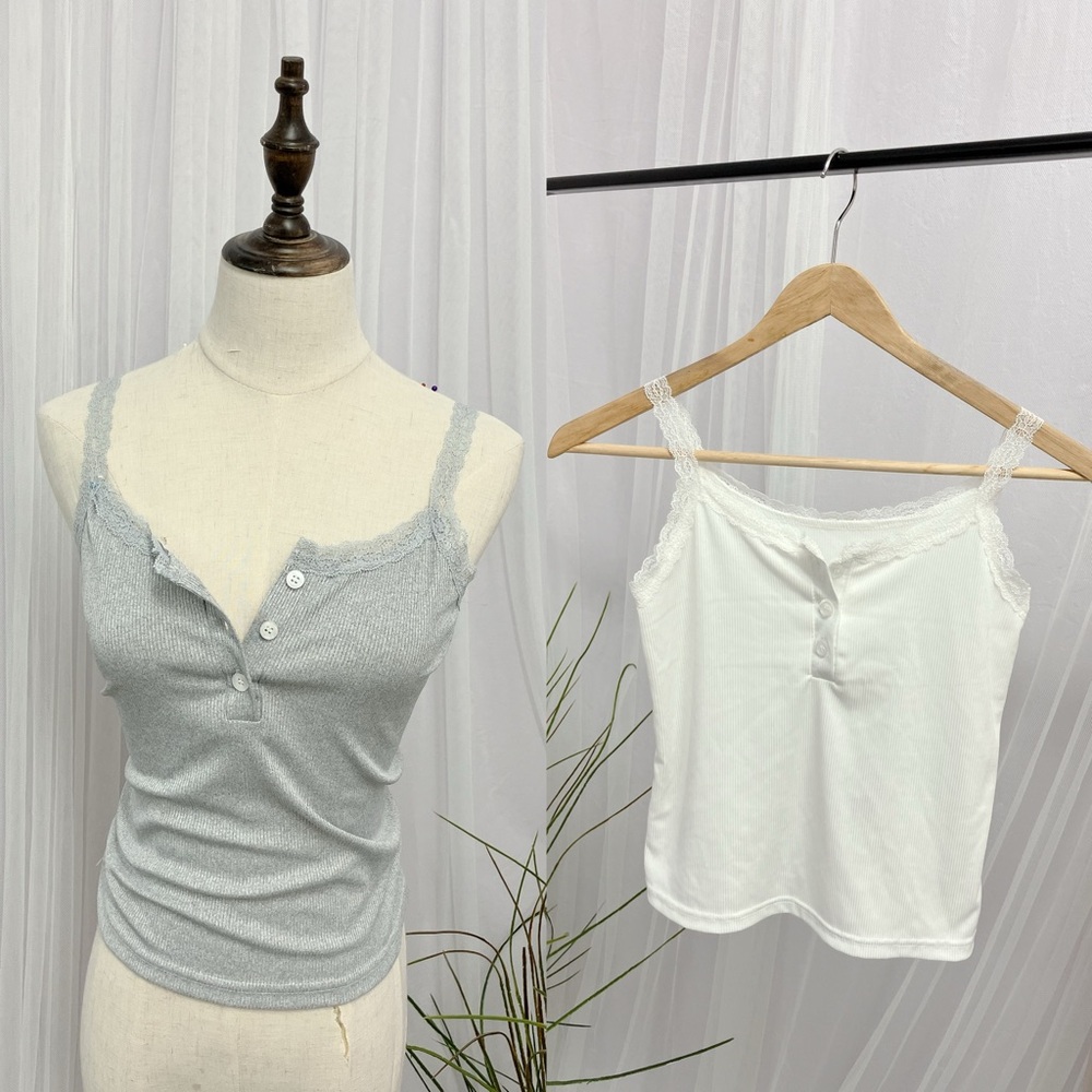 Women's Lace Trim Button Tank Top - Gray and White set of 2